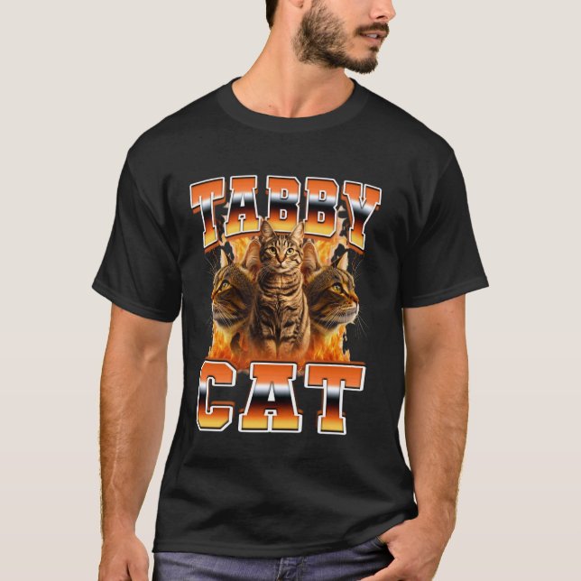 Tabby Cat Orange Cat Flames 90s Bootleg Style T-Shirt (Front)