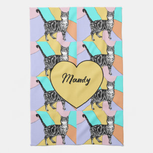 Tabby Cat Pastel Colors Tea Towel Womans Name