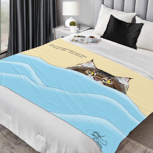 Tabby Cat Peeking Blue Funny Fleece Blanket (Creator Uploaded)