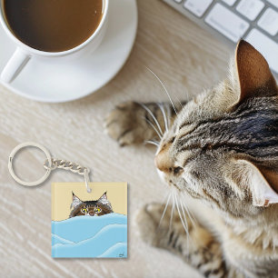 Tabby Cat Peeking Blue Funny Key Ring