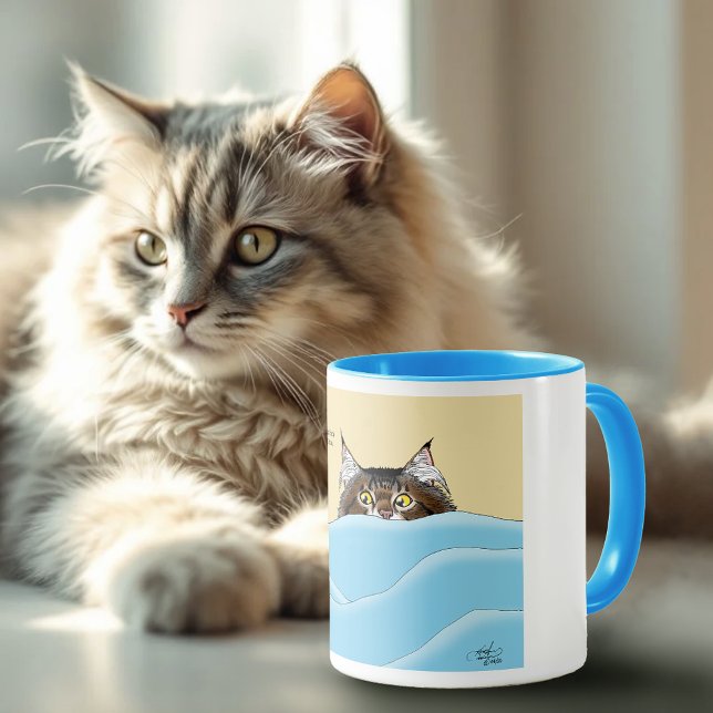 Tabby Cat Peeking Blue Funny Mug (Creator Uploaded)