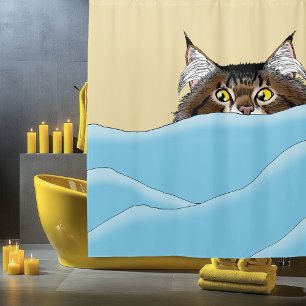 Tabby Cat Peeking Blue Funny Shower Curtain