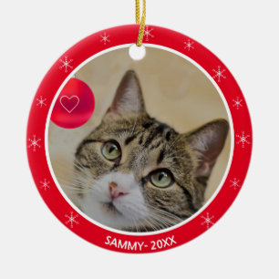 Tabby cat photo and snowflakes ceramic tree decoration