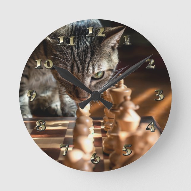 Tabby Cat Playing Chess Round Clock (Front)