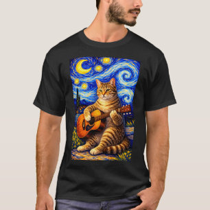 Tabby Cat Playing Guitar Whimsical Artwork T-Shirt