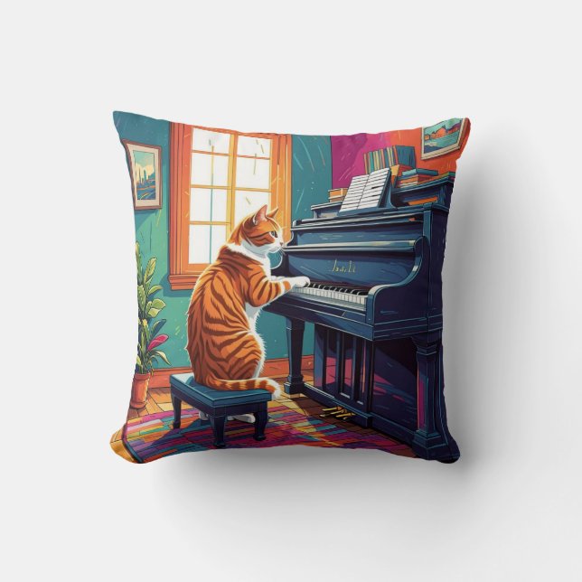 Tabby Cat Playing the Piano Cushion (Front)