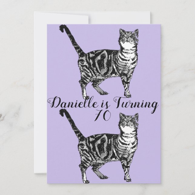 Tabby Cat Purple Art 70th Birthday Invitation (Front)