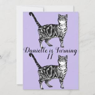 Tabby Cat Purple Art Girls Birthday Invitation