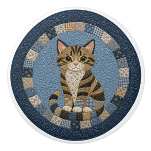 Tabby Cat Quilt Ceramic Knob