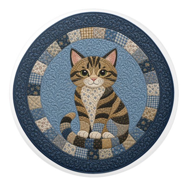 Tabby Cat Quilt  Ceramic Knob (Front)