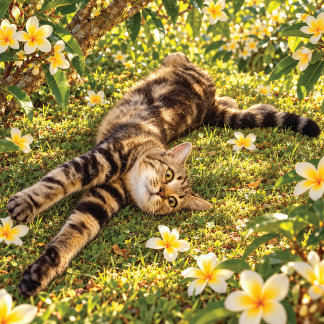 Tabby Cat Relaxing Among Plumeria Flowers Pillow