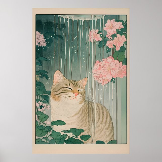 Tabby Cat Shower Print Ukiyo-e Botanical Bathroom (Front)