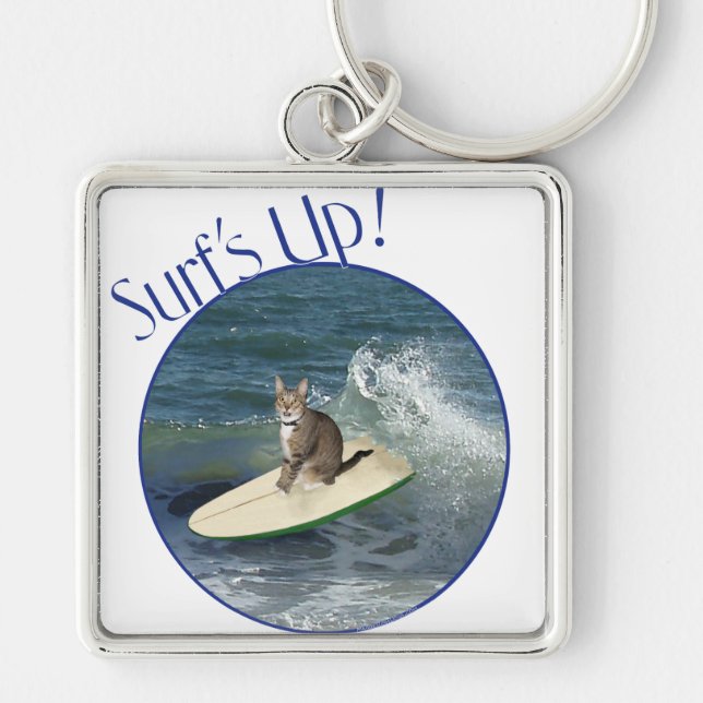 Tabby Cat Surf's Up! Key Ring (Front)