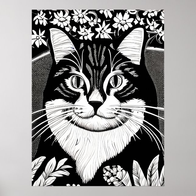 Tabby Cat Surrounded with Flowers Poster (Front)