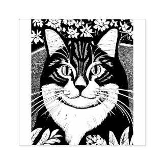 Tabby Cat Surrounded with Flowers Rubber Stamp