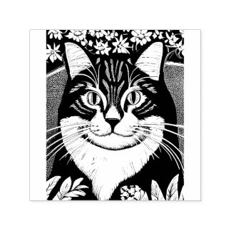 Tabby Cat Surrounded with Flowers Self-inking Stamp
