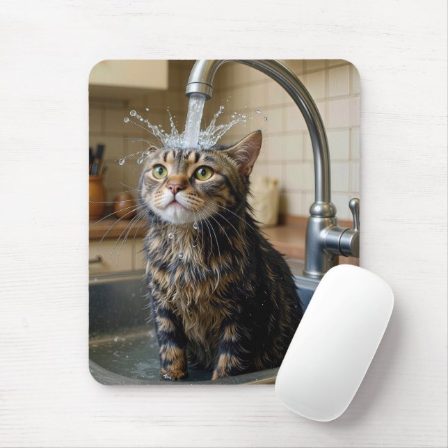Tabby Cat Under a Kitchen Faucet Mouse Pad (With Mouse)
