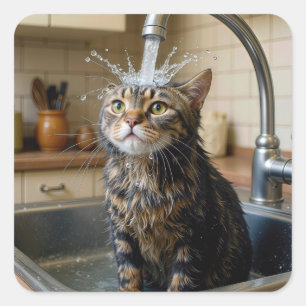 Tabby Cat Under a Kitchen Faucet Square Sticker