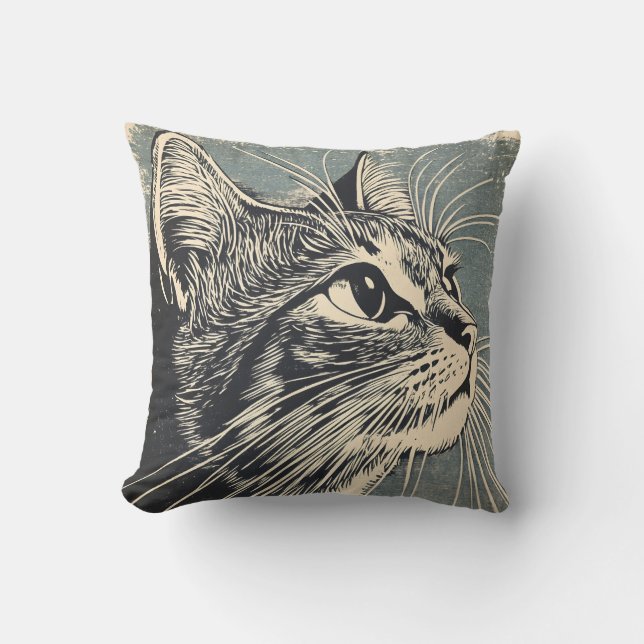 Tabby Cat Vintage Lino Print  Cushion (Front)