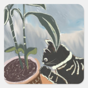 Tabby Cat Watching House Plants Square Sticker