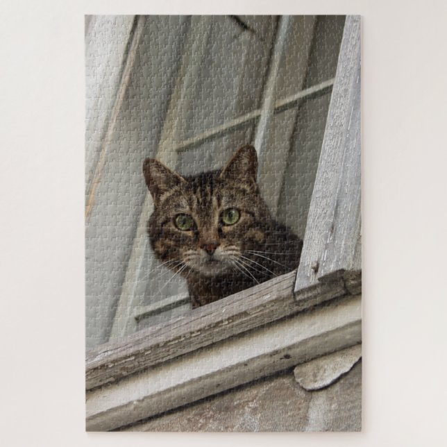 Tabby cat watching you from the window jigsaw puzzle (Vertical)