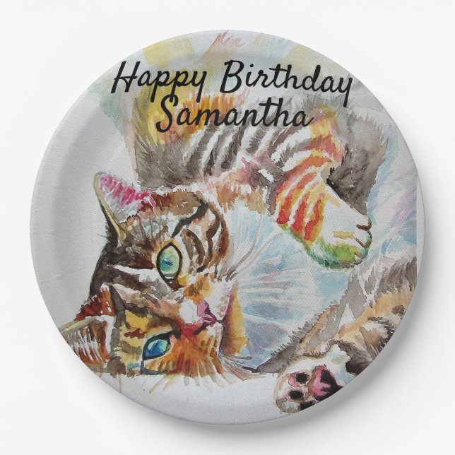 Tabby Cat Watercolor Birthday Party Paper Plate (Front)