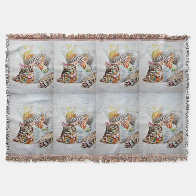 Tabby Cat Watercolour Cats Art Pet Throw Rug Blanket (Front)