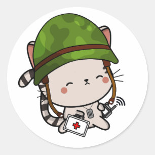 Tabby Cat Wearing army helmet Classic Round Sticker