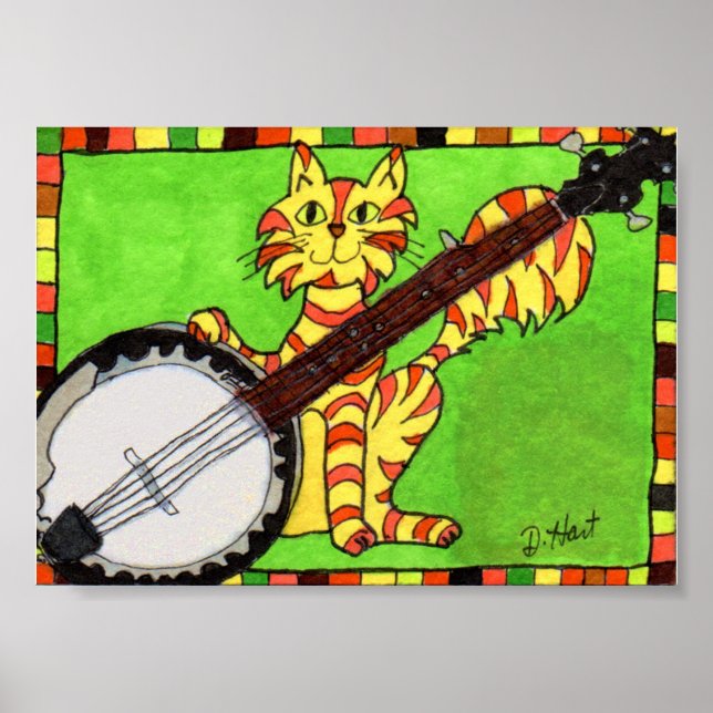 Tabby Cat with Banjo Mini Folk Art Poster (Front)