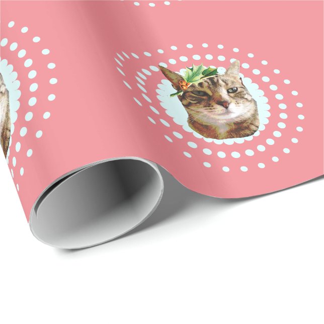 Tabby Cat with Christmas Holly Wrapping Paper (Roll Corner)