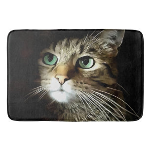 Tabby Cat With Green Eyes Isolated On Black Bath Mat