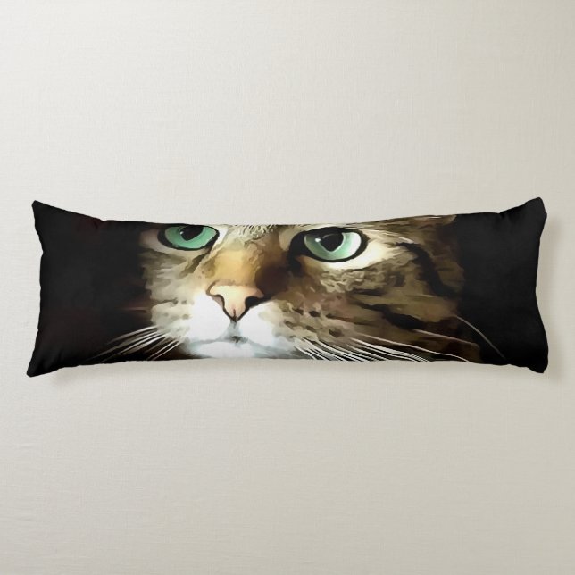 Tabby Cat With Green Eyes Isolated On Black Body Cushion (Front)