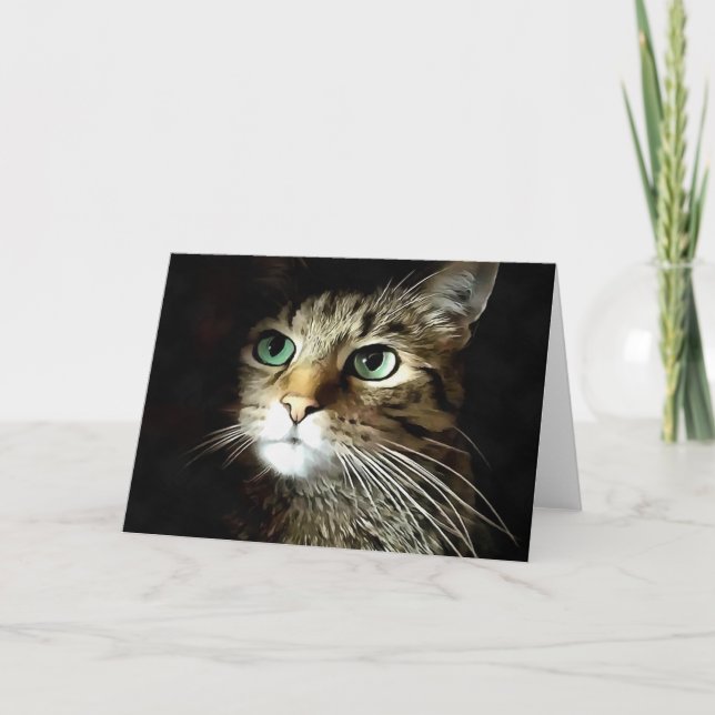 Tabby Cat With Green Eyes Isolated On Black Card (Front)