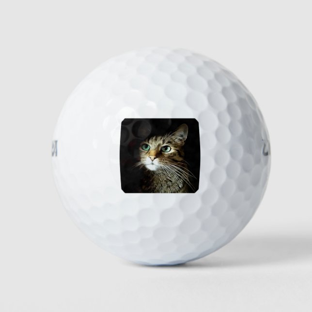 Tabby Cat With Green Eyes Isolated On Black Golf Balls (Front)