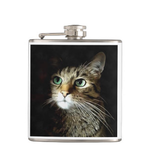 Tabby Cat With Green Eyes Isolated On Black Hip Flask