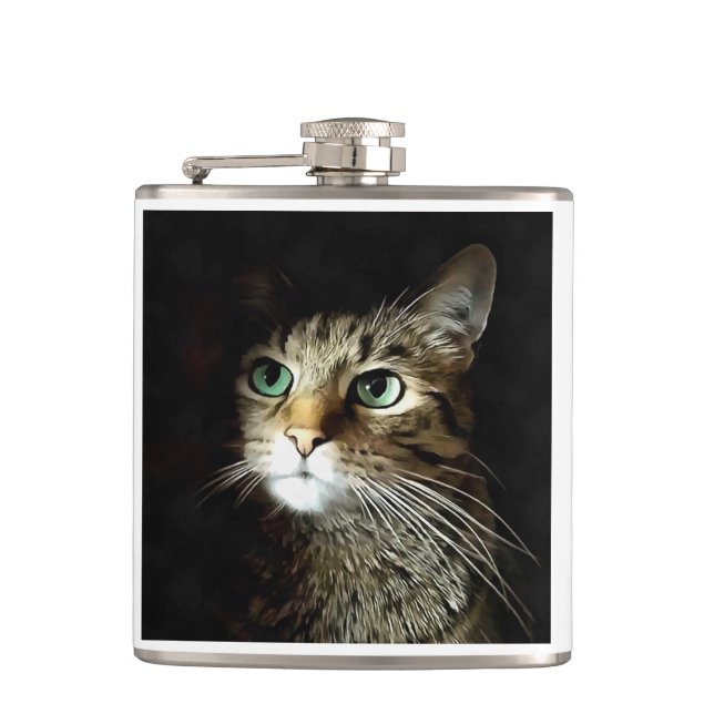 Tabby Cat With Green Eyes Isolated On Black Hip Flask (Front)