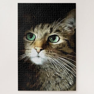 Tabby Cat With Green Eyes Isolated On Black Jigsaw Puzzle