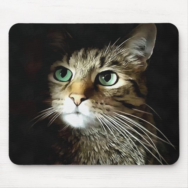 Tabby Cat With Green Eyes Isolated On Black Mouse Pad (Front)