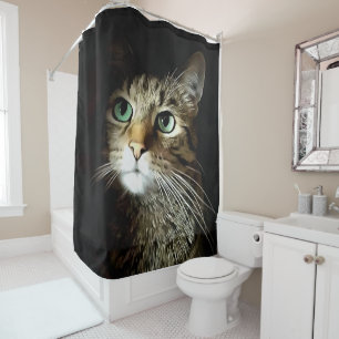 Tabby Cat With Green Eyes Isolated On Black Shower Curtain