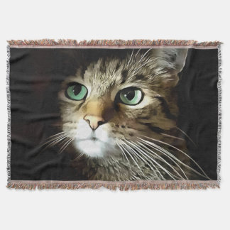 Tabby Cat With Green Eyes Isolated On Black Throw Blanket