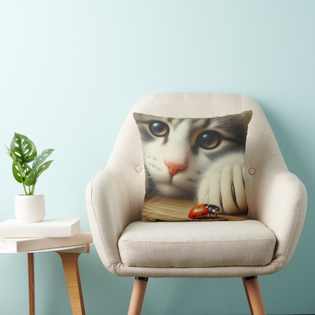 Tabby Cat With Ladybug Cushion (Chair)