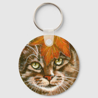 Tabby Cat with Leaf Keychain
