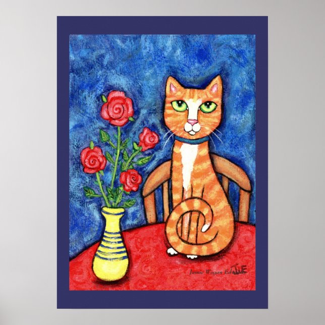 Tabby Cat With Roses Art Print (Front)