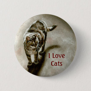 Tabby Cat with shadow, I Love Cats 6 Cm Round Badge