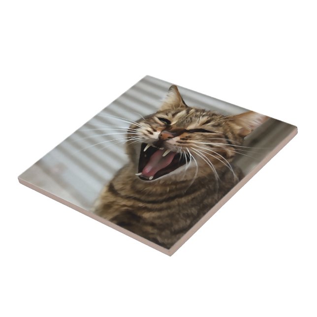 Tabby Cat Yawning Artistic Portrait Tile (Side)