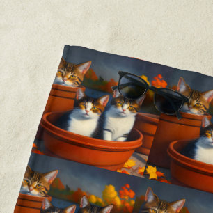 Tabby Cats In Plant Pots, Beach Towel