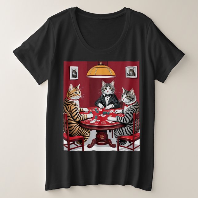 Tabby Cats Playing Poker Plus Size T-Shirt (Design Front)