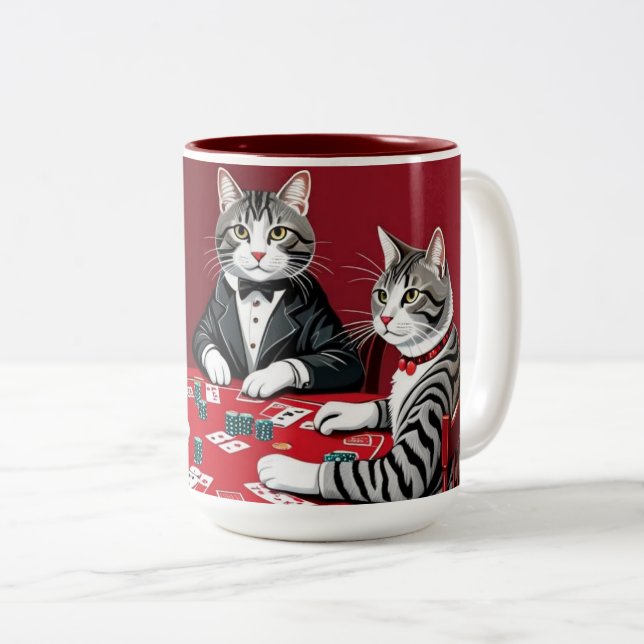 Tabby Cats Playing Poker Two-Tone Coffee Mug (Front Right)