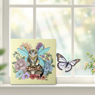 Tabby Fairy Cat Mushroom Floral Tile