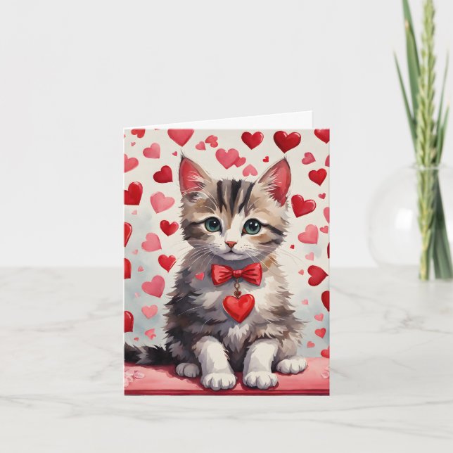 Tabby Kitten & Hearts Meow-velous Valentine Card (Front)